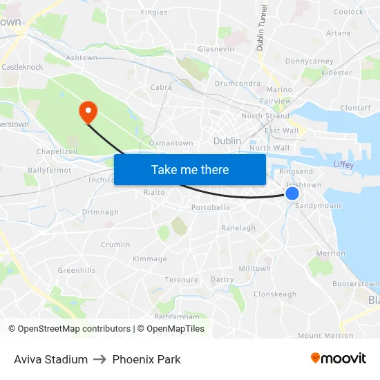 Aviva Stadium to Phoenix Park map