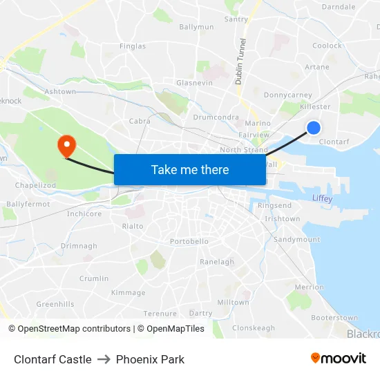 Clontarf Castle to Phoenix Park map
