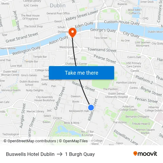 Buswells Hotel Dublin to 1 Burgh Quay map