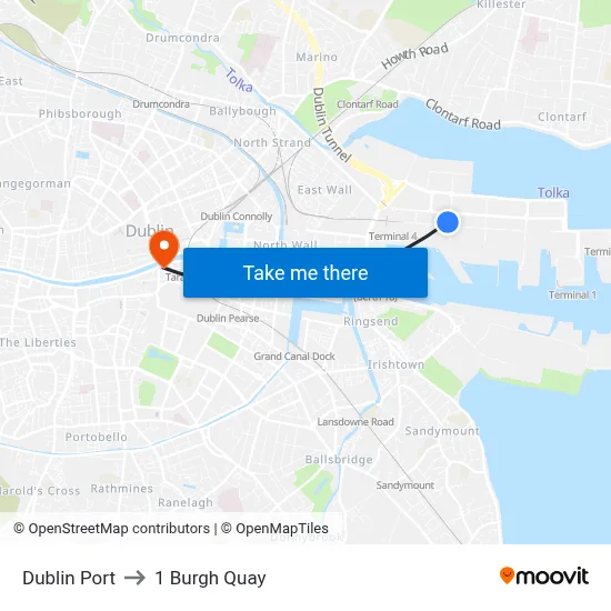 Dublin Port to 1 Burgh Quay map