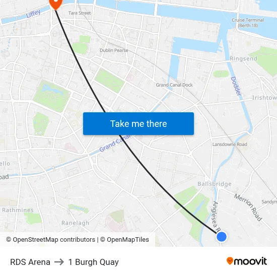 RDS Arena to 1 Burgh Quay map