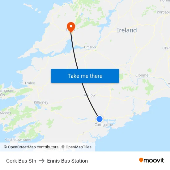 Cork Bus Stn to Ennis Bus Station map