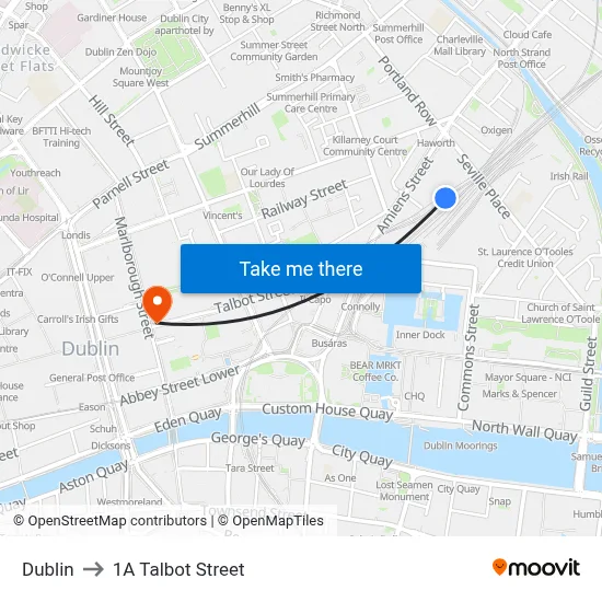 Dublin to 1A Talbot Street map