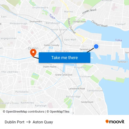 Dublin Port to Aston Quay map