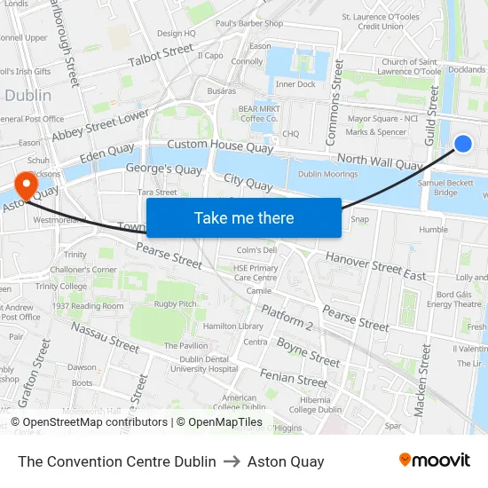 The Convention Centre Dublin to Aston Quay map