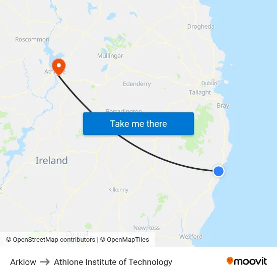 Arklow to Athlone Institute of Technology map