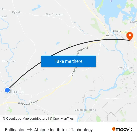 Ballinasloe to Athlone Institute of Technology map