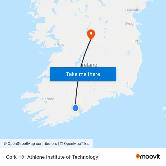 Cork to Athlone Institute of Technology map