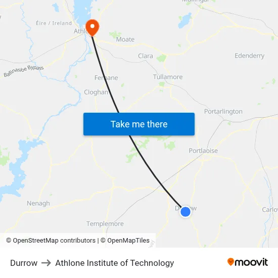 Durrow to Athlone Institute of Technology map