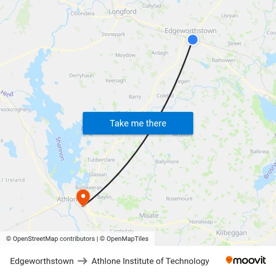 Edgeworthstown to Athlone Institute of Technology map