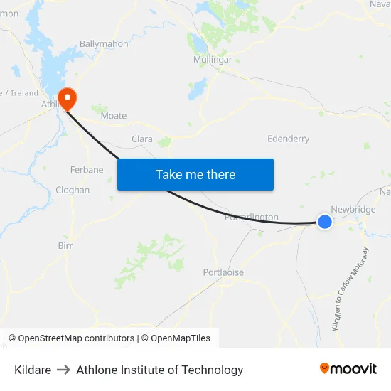 Kildare to Athlone Institute of Technology map