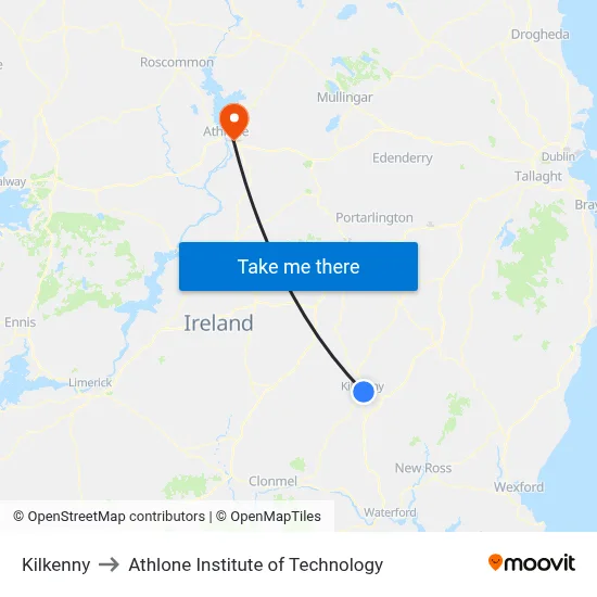 Kilkenny to Athlone Institute of Technology map