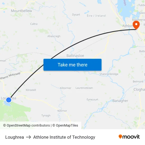 Loughrea to Athlone Institute of Technology map