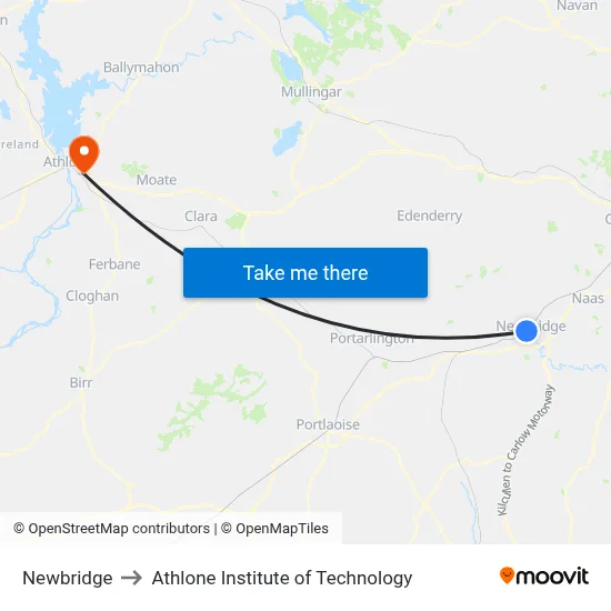 Newbridge to Athlone Institute of Technology map