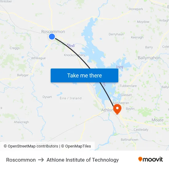 Roscommon to Athlone Institute of Technology map