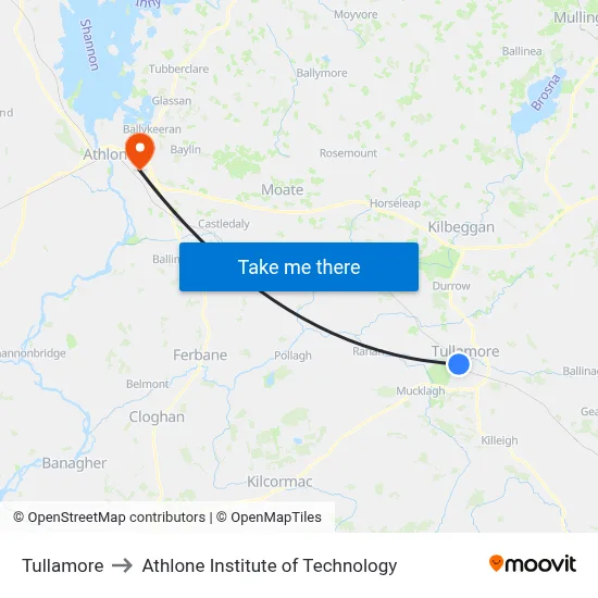 Tullamore to Athlone Institute of Technology map