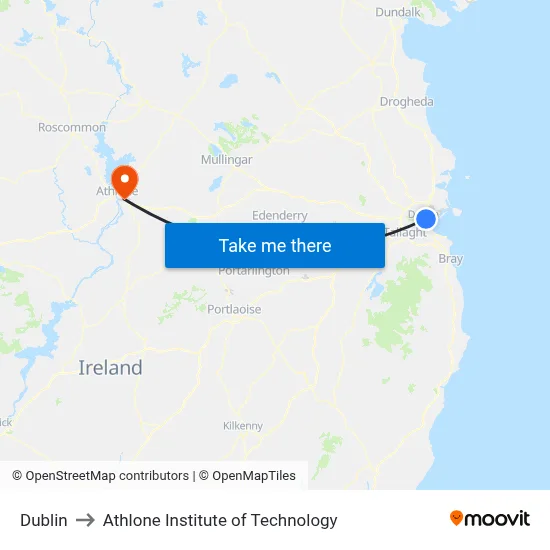 Dublin to Athlone Institute of Technology map