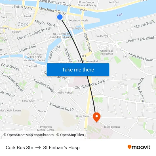 Cork Bus Stn to St Finbarr's Hosp map