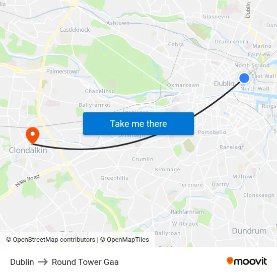 Dublin to Round Tower Gaa map