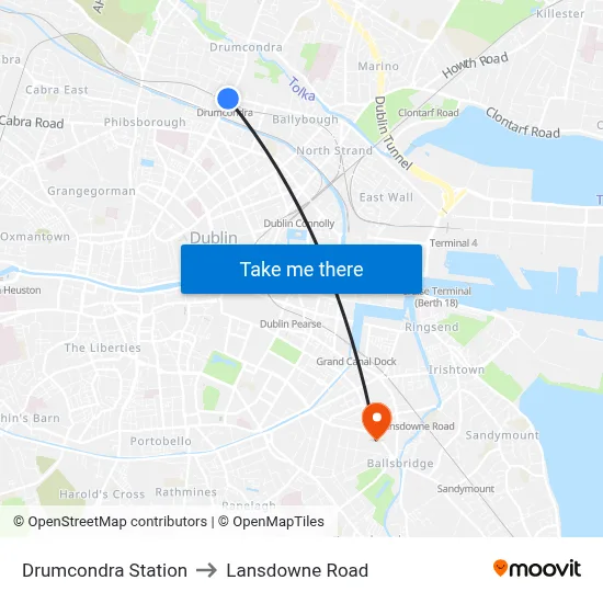 Drumcondra Station to Lansdowne Road map