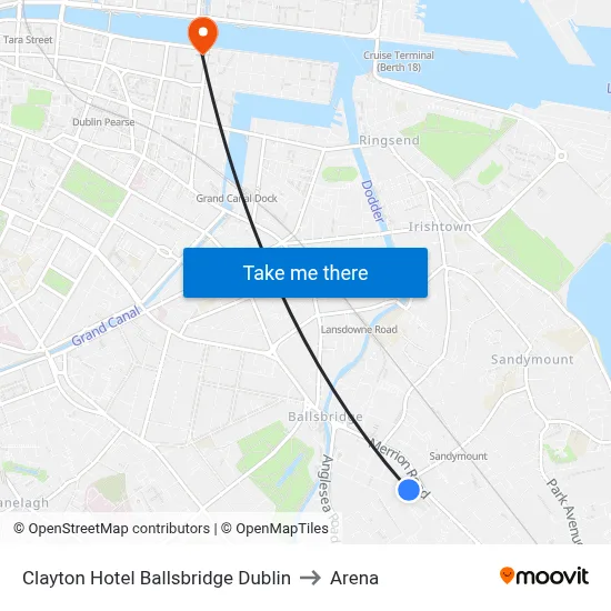 Clayton Hotel Ballsbridge Dublin to Arena map