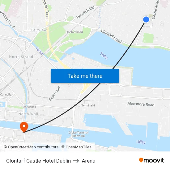 Clontarf Castle Hotel Dublin to Arena map