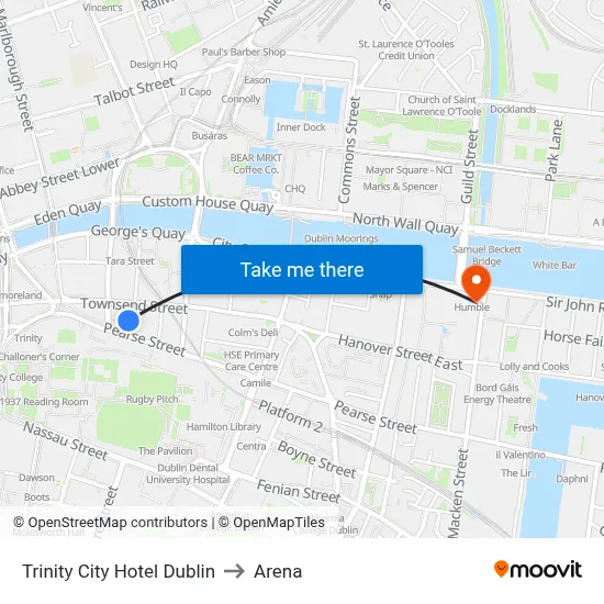 Trinity City Hotel Dublin to Arena map
