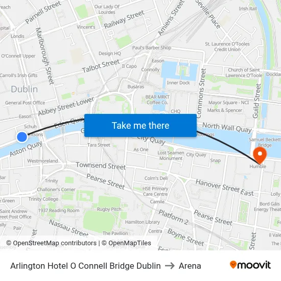 Arlington Hotel O Connell Bridge Dublin to Arena map
