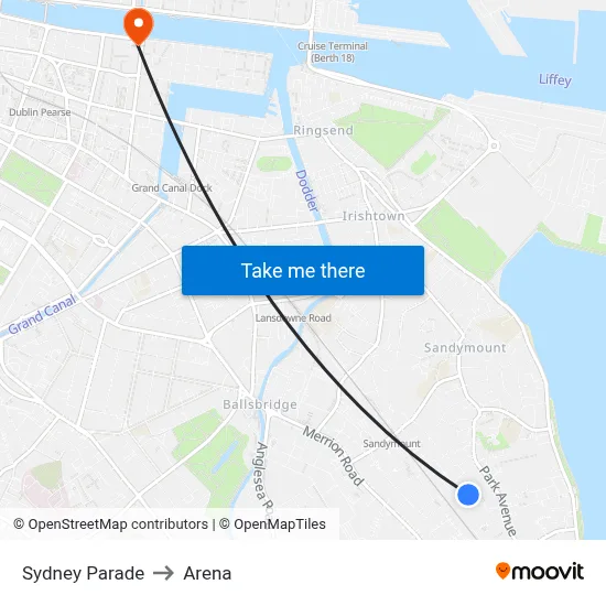 Sydney Parade to Arena map