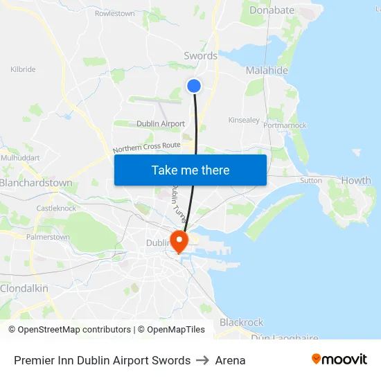 Premier Inn Dublin Airport Swords to Arena map