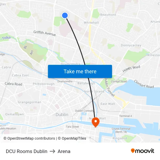 DCU Rooms Dublin to Arena map
