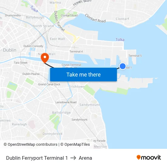 Dublin Ferryport Terminal 1 to Arena map