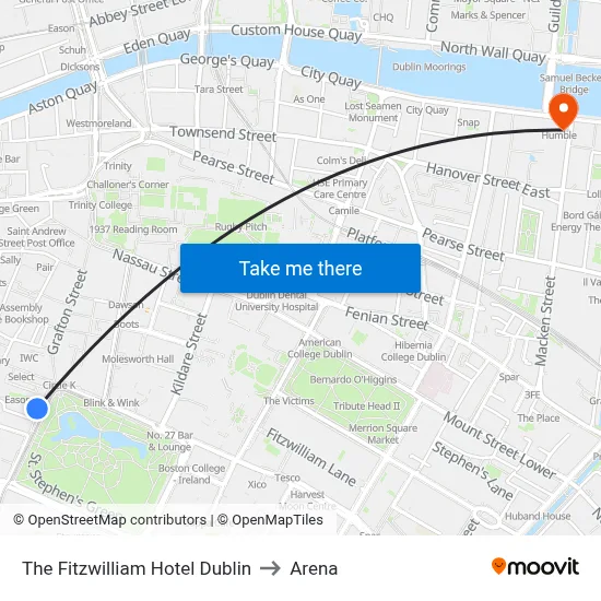 The Fitzwilliam Hotel Dublin to Arena map