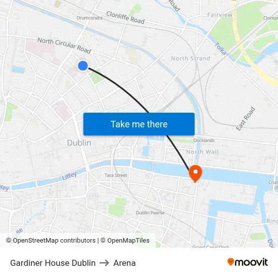 Gardiner House Dublin to Arena map