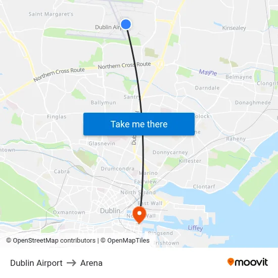 Dublin Airport to Arena map