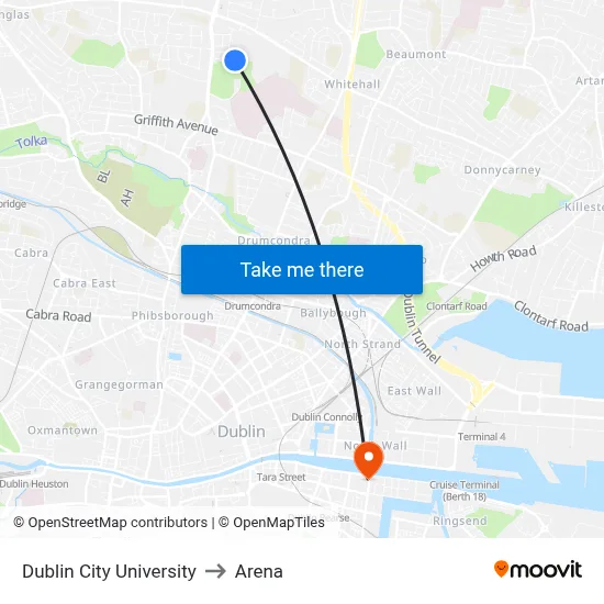 Dublin City University to Arena map