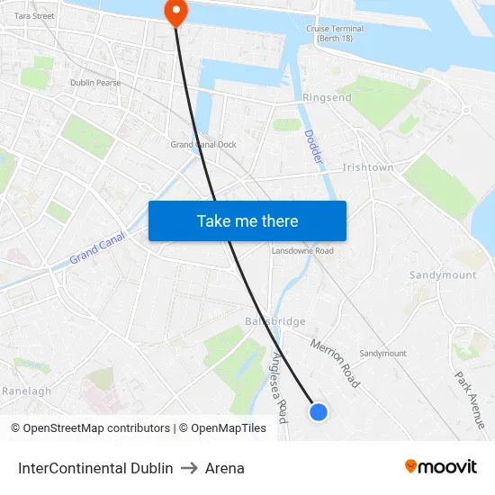 InterContinental Dublin to Arena map