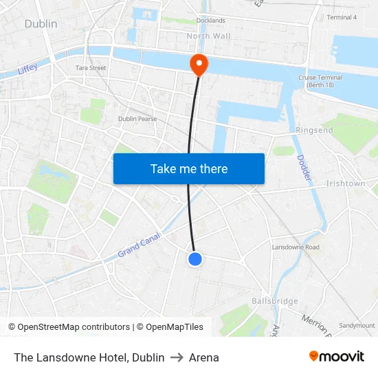 The Lansdowne Hotel, Dublin to Arena map