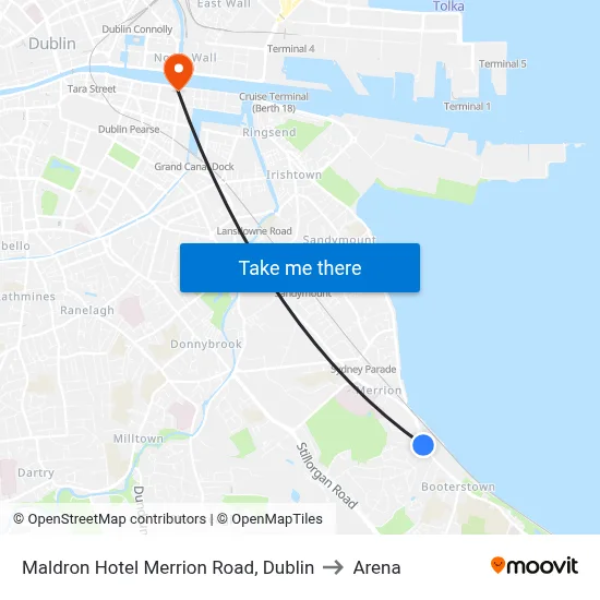 Maldron Hotel Merrion Road, Dublin to Arena map