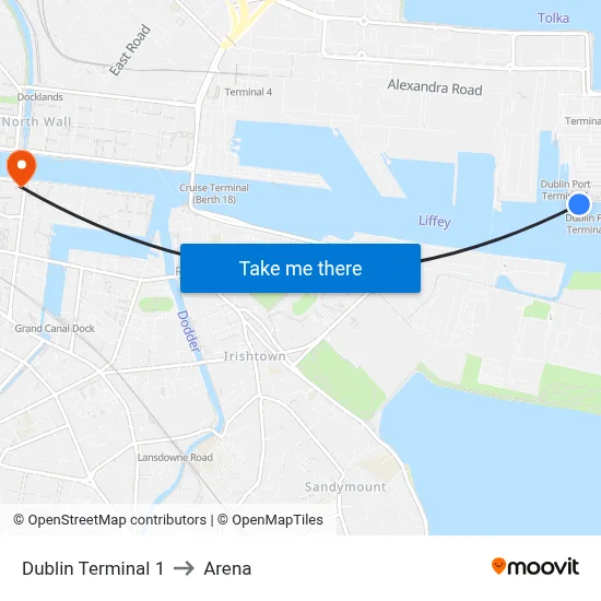 Dublin Terminal 1 to Arena map