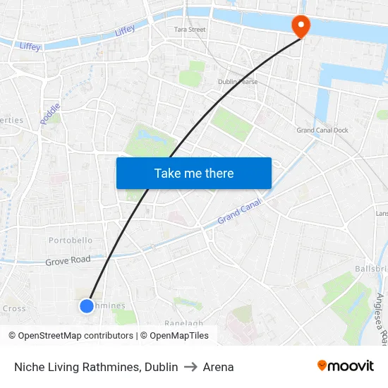 Niche Living Rathmines, Dublin to Arena map