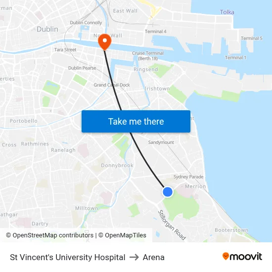 St Vincent's University Hospital to Arena map