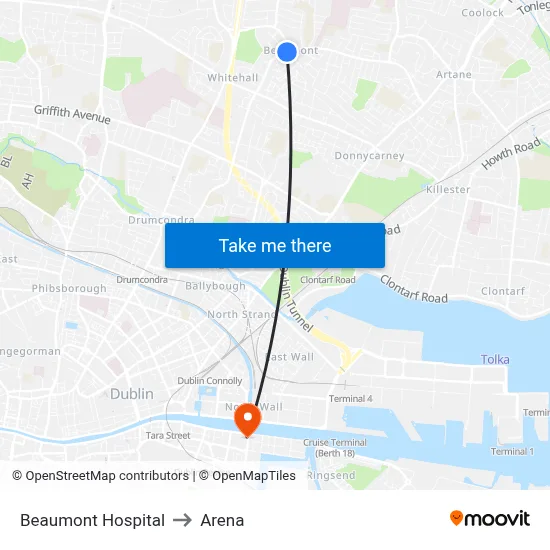 Beaumont Hospital to Arena map