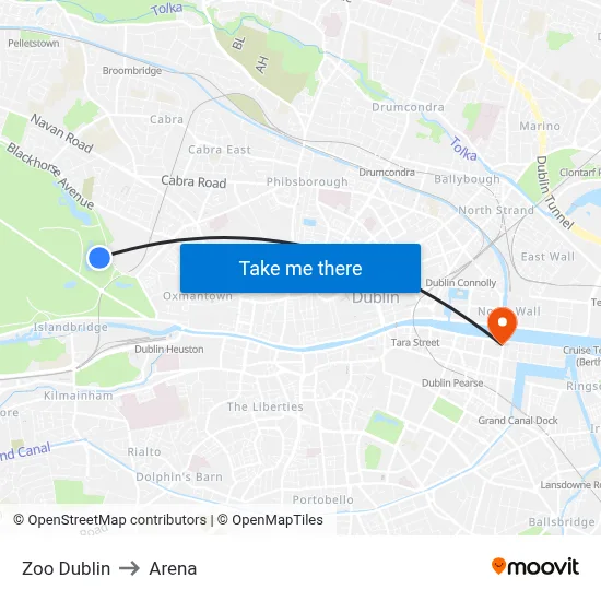 Zoo Dublin to Arena map