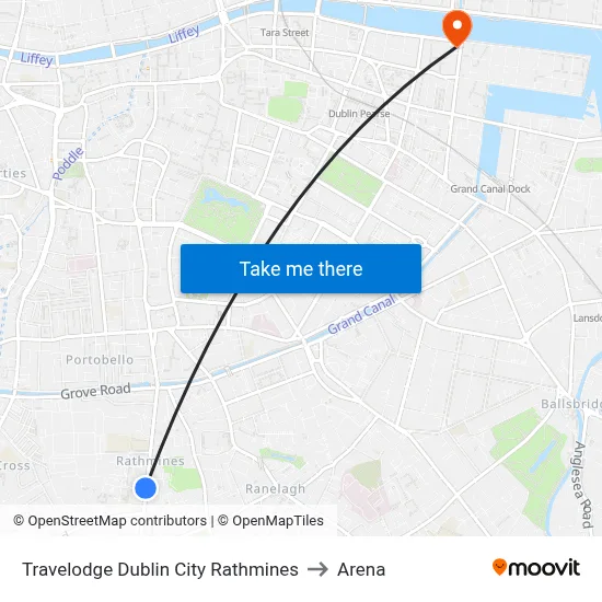 Travelodge Dublin City Rathmines to Arena map