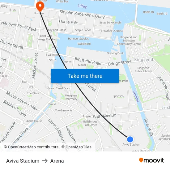 Aviva Stadium to Arena map