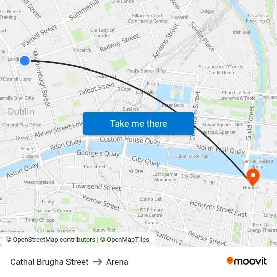 Cathal Brugha Street to Arena map