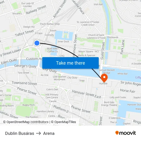 Dublin Busáras to Arena map