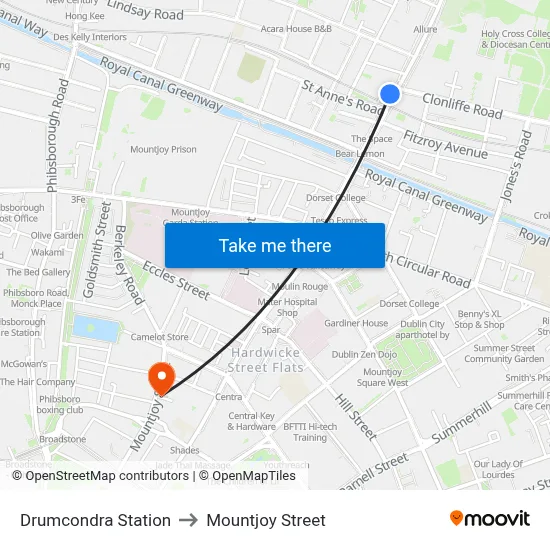 Drumcondra Station to Mountjoy Street map