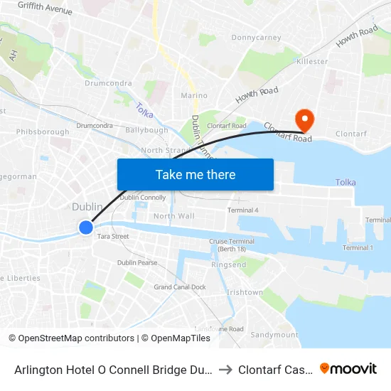 Arlington Hotel O Connell Bridge Dublin to Clontarf Castle map